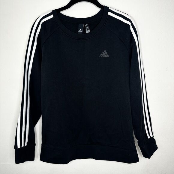 RARE Adidas Black 3-Stripe Fleece Crew Neck Long Sleeve Sweater Rib Cuffs Medium - Picture 4 of 13